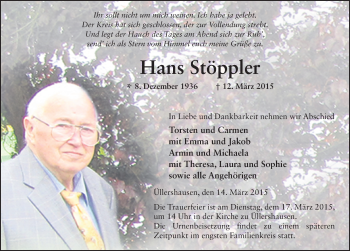 Traueranzeige von Hans Stöppler 