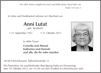 Traueranzeige von Anni Lutat 