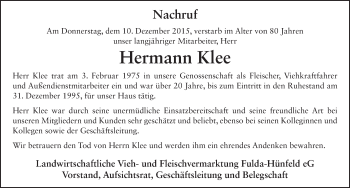 Traueranzeige von Hermann Klee 