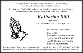 Traueranzeige von Katharina Röll 