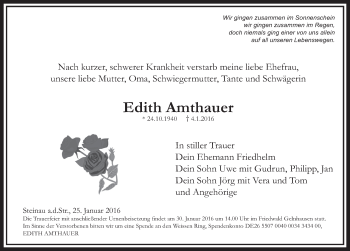 Traueranzeige von Edith Amthauer 