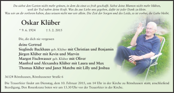 Traueranzeige von Oskar Klüber 