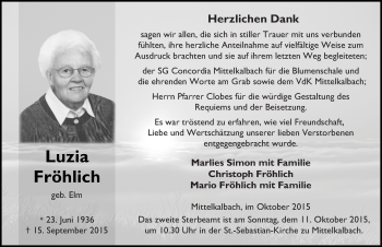Traueranzeige von Luzia Fröhlich 