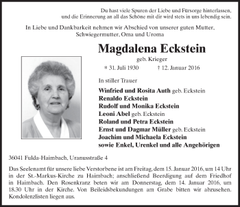 Traueranzeige von Magdalena Eckstein 