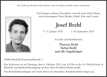 Traueranzeige von Josef Brehl 