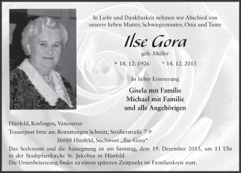 Traueranzeige von Ilse Gora 