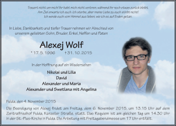 Traueranzeige von Alexej Wolf 