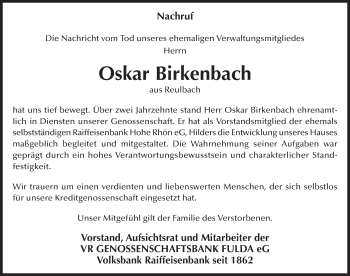 Traueranzeige von Oskar Birkenbach 