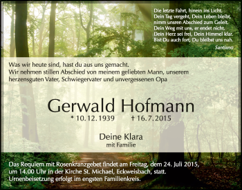 Traueranzeige von Gerwald Hofmann 