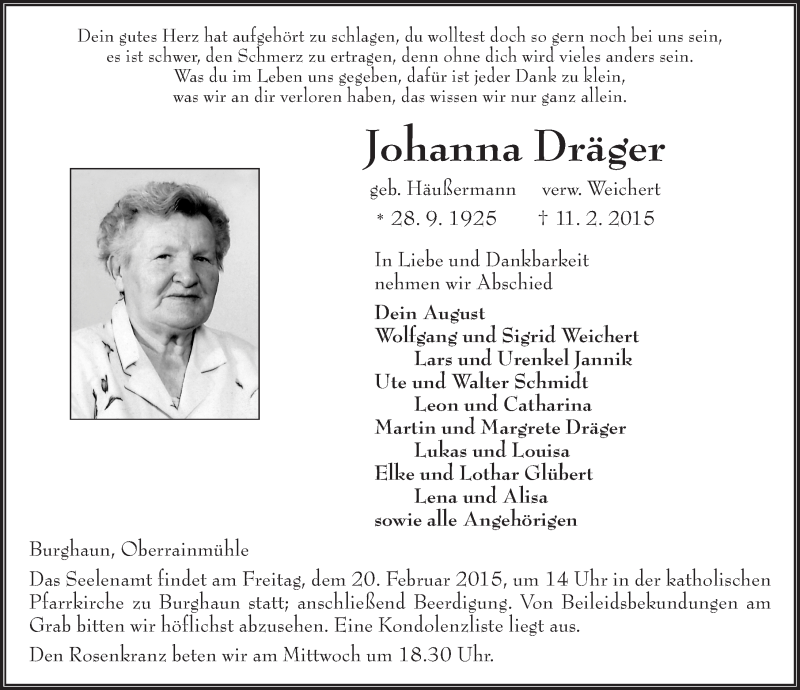  Traueranzeige für Johanna Dräger vom 17.02.2015 aus 