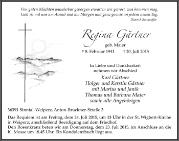 Traueranzeige von Regina Gärtner 