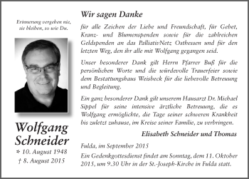 Traueranzeige von Wolfgang Schneider 