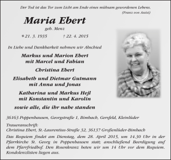 Traueranzeige von Maria Ebert 