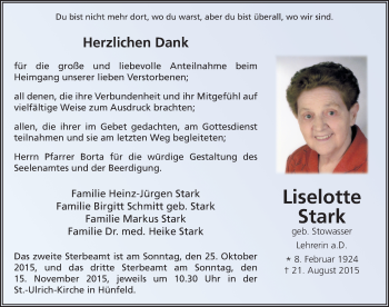 Traueranzeige von Liselotte Stark 