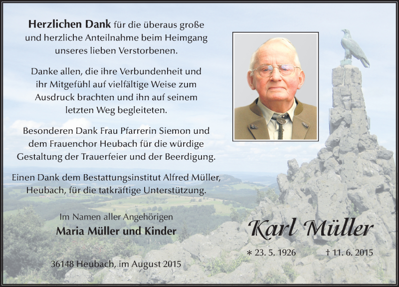 Traueranzeige für Karl Müller vom 15.08.2015 aus 