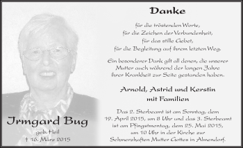 Traueranzeige von Irmgard Bug 