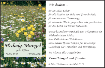 Traueranzeige von Hedwig Mangel 