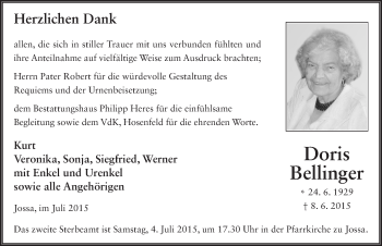 Traueranzeige von Doris Bellinger 