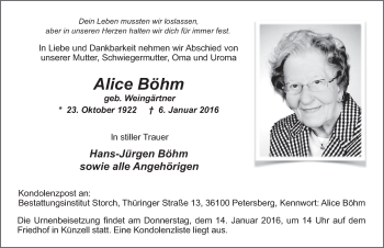 Traueranzeige von Alice Böhm 
