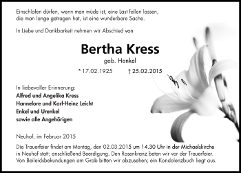Traueranzeige von Bertha Kress 