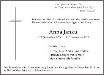 Traueranzeige von Anna Janku 