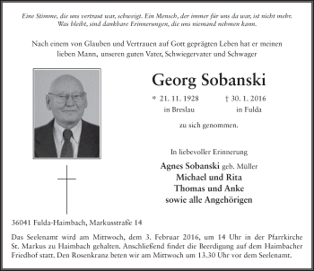 Traueranzeige von Georg Sobanski 