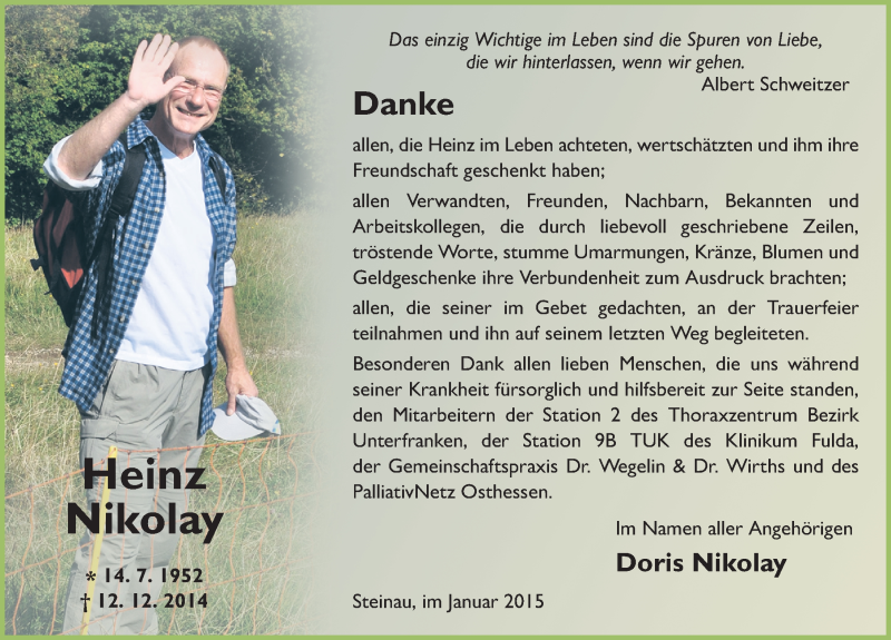  Traueranzeige für Heinz Nikolay vom 30.01.2015 aus 