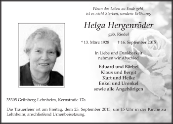 Traueranzeige von Helga Hergenröder 