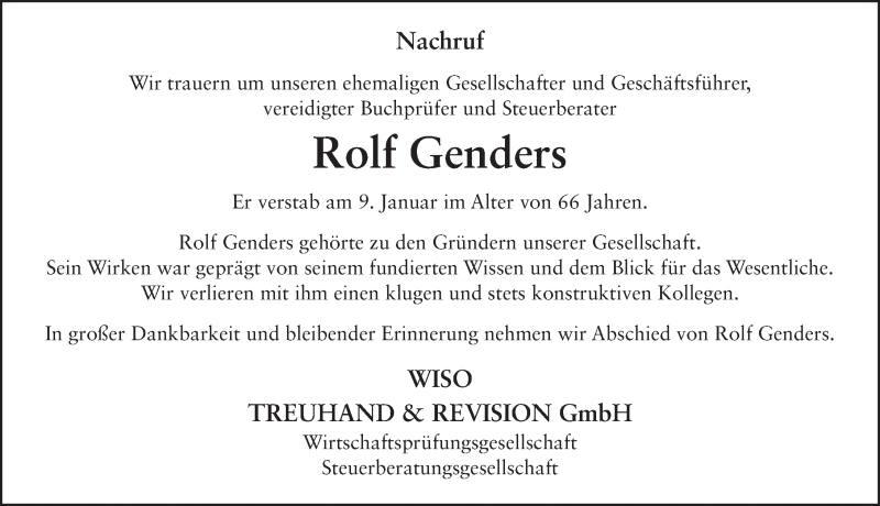  Traueranzeige für Rolf Genders vom 17.01.2015 aus 