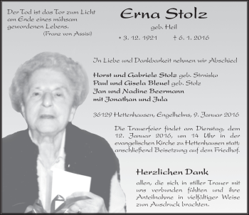 Traueranzeige von Erna Stolz 