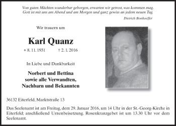 Traueranzeige von Karl Quanz 