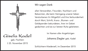 Traueranzeige von Gisela Kadel 