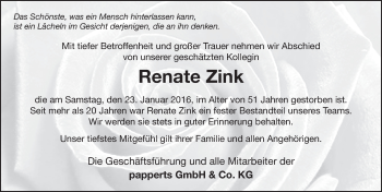 Traueranzeige von Renate Zink 