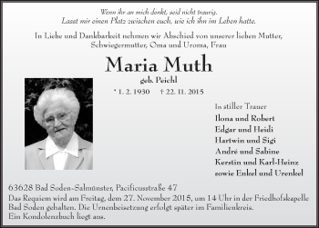 Traueranzeige von Maria Muth 