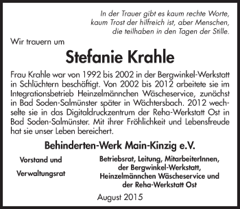 Traueranzeige von Stefanie Krahle 