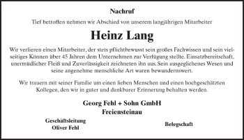 Traueranzeige von Heinz Lang 