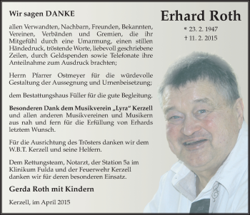 Traueranzeige von Erhard Roth 