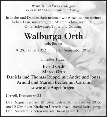 Traueranzeige von Walburga Orth 