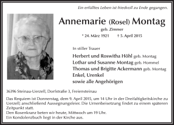 Traueranzeige von Annemarie Montag 