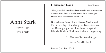 Traueranzeige von Anni Stark 
