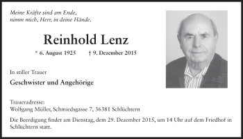 Traueranzeige von Reinhold Lenz 