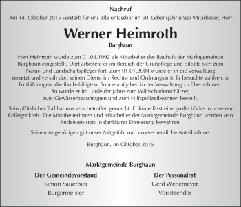 Traueranzeige von Werner Heimroth 