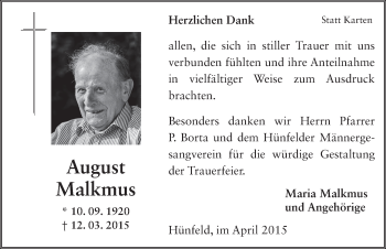 Traueranzeige von August Malkmus 