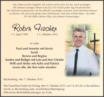 Traueranzeige von Robin Fischer 