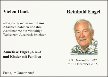 Traueranzeige von Reinhold Engel 