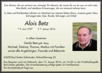 Traueranzeige von Alois Betz 