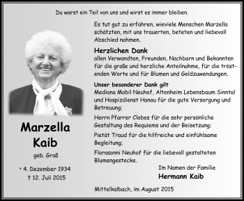 Traueranzeige von Marzella Karib 