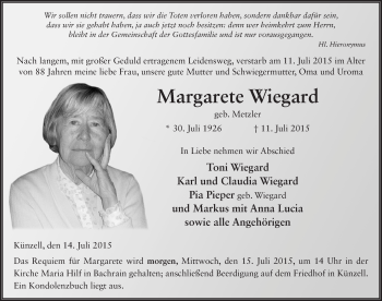 Traueranzeige von Margarete Wiegard 