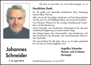 Traueranzeige von Johannes Schneider 