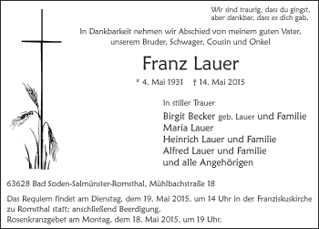 Traueranzeige von Franz Lauer 
